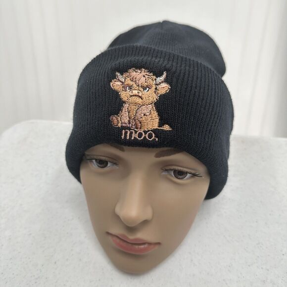 Highland Cow Beanie Embroidered Stocking Hat Grumpy Cow Black Unisex NEW - Picture 2 of 4